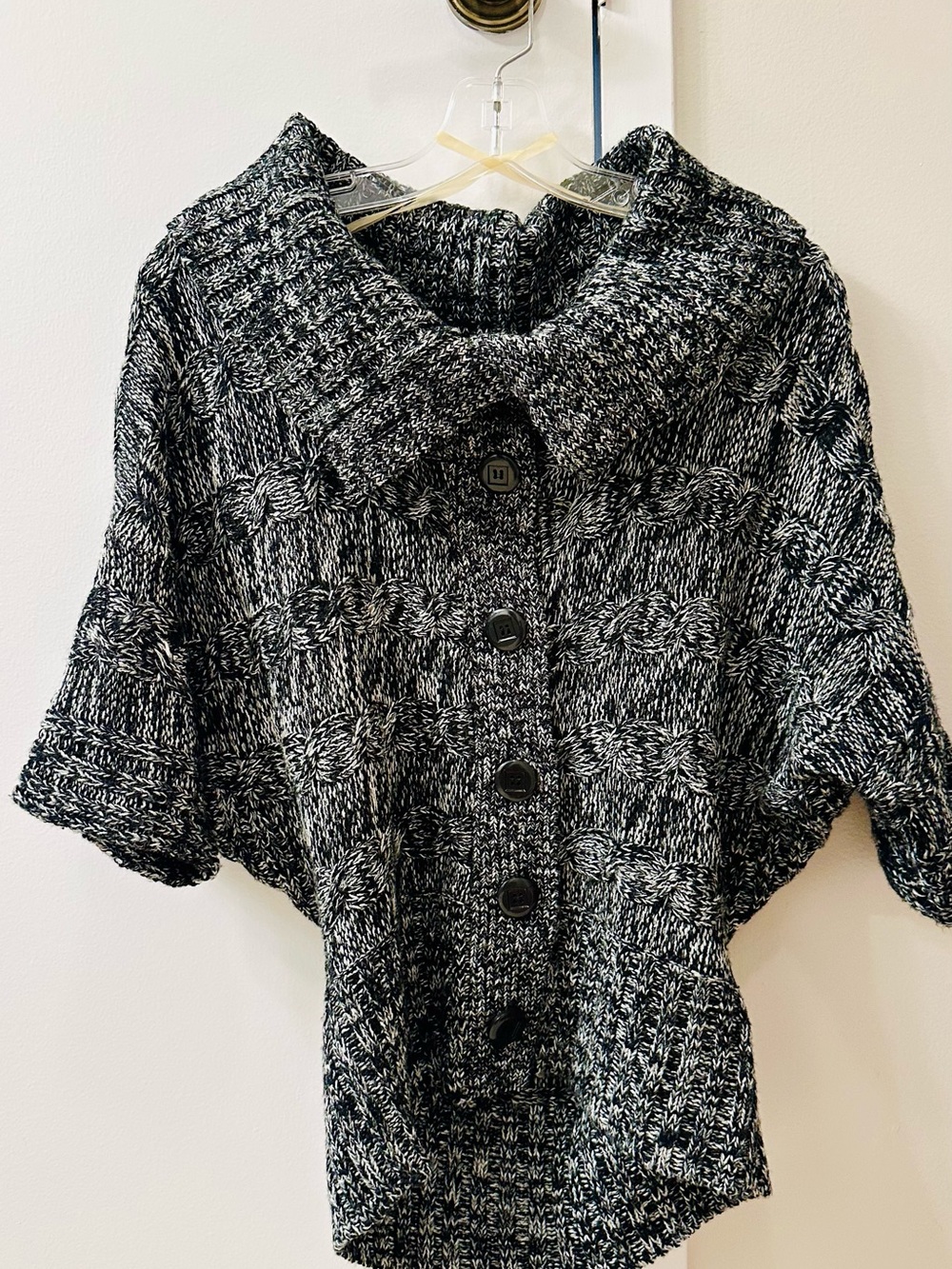 Say What? Black & White Marled Button-Front Knit Poncho